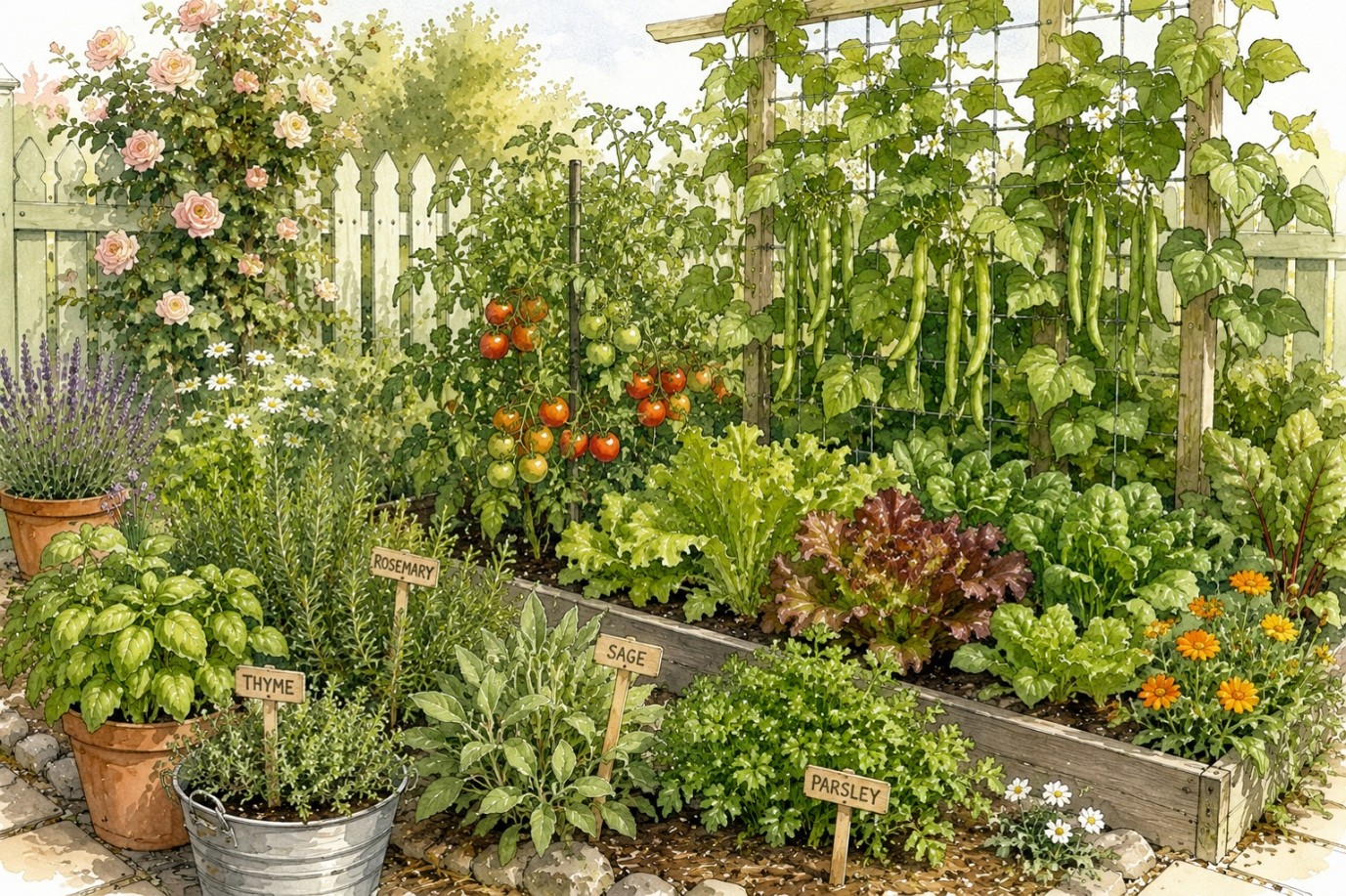 Vegetables, herbs and flowers growing together in an established garden