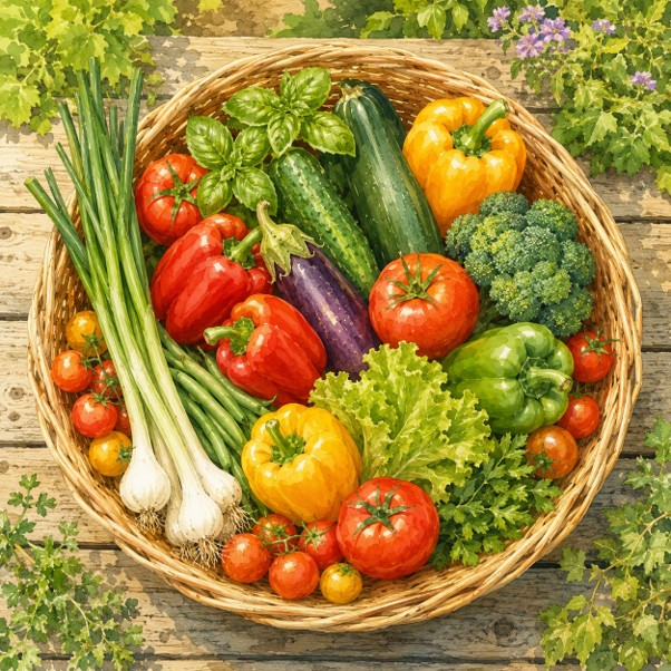 A colourful round arrangement of freshly harvested produce