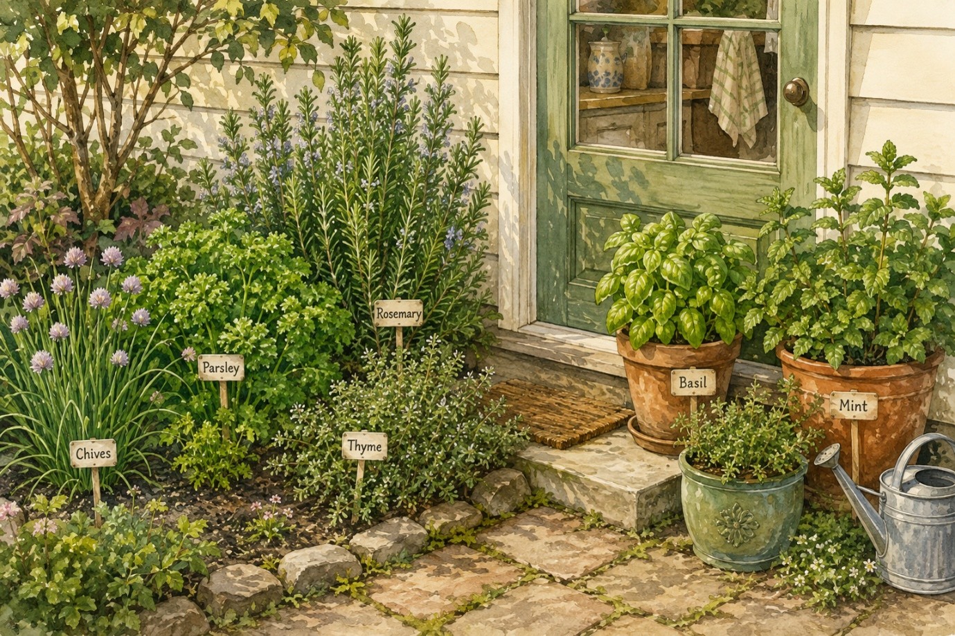 Herbs growing close to the kitchen in a mixed garden